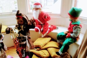 Santa, an elf and a pirate (by Carol Stobie, with thanks to Rachael Valentine Gray)